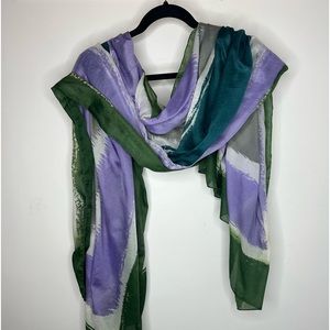 Large scarf/shawl 75” x 41”.  Modern pattern with beautiful colors throughout.